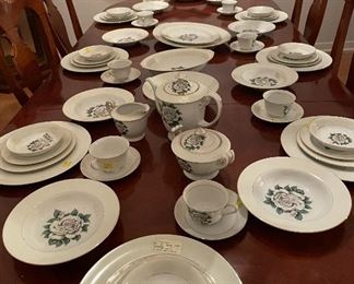 Just in Time for Thanksgiving and Christmas .... Stunning Two Pedestal Dining Room Table with Two Leaf's and Eight Chairs Two of Which are Captain's Chairs, Narumi China Japan White Rose