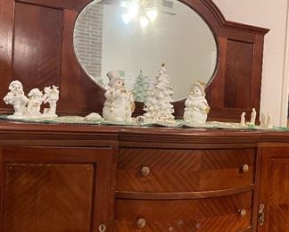 Antique Tiger Oak Sideboard Oval Beveled Mirror, Ceramic Snow Family, Mini Nativity