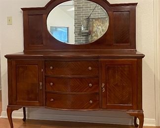 Antique Tiger Oak Sideboard Oval Beveled Mirror