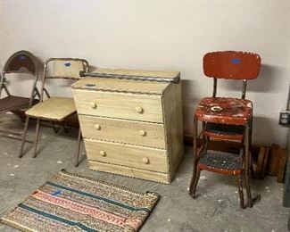 Various chairs, stools, storage dressers 