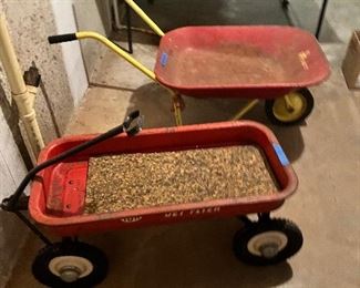 Metal wheelbarrow, vintage Radio Flyer wagon 