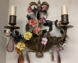 One of a Pair Bronze Sconze with Chantily Flowers