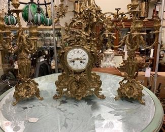 French Bronze Clock Set with Matching Candelabra  
