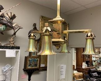 Brass Arts & Crafts Fixture with 4 Steuben Aurene Shades