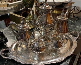 Silver Plated Tea & Coffee Service with Tray and Hot Water Kettle on Stand