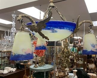 French Signed Scheinder Art Glass Chandelier with Bronze Mounts 