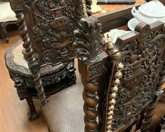 Pair Of Italian Hand Carved Side Chairs with Leather Seats, Antique Solid Brass Sleigh Bells 
