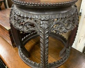 Chinese Hand Carved Teak Barrel Form Table with Marble Inset 