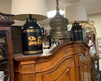 Antique Tea Tin Lamps, Antique Brass Brazier 