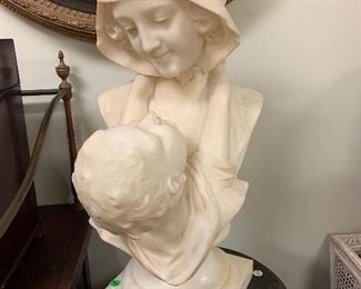 19th c Italian Hand Carved Mother & Child Sculpture artist Signed 