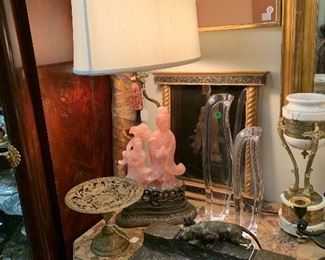 Rose Quartz Lamp, Lucite Penguins, 