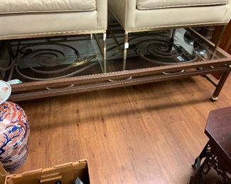 Heavy & Large Powered Iron & Gilt Glass Top Coffee Table