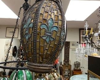 Antique English Leaded Hall Light, Large Lily Handel Hanging Fixture Wonderful for a Garden Room 