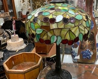 Lovely Antique Leaded Lamp Cherry Motif on a Tree Trunk Base 