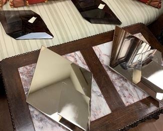 Donghia Wall Sconces with Smokey Glass Inserts, Antique Ornately Carved Teakwood Double Marble  Insert Coffee Table 