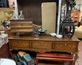 3 Drawer Oak Sideboard with Inlay & Original Brasses  Chinese Red Tea Table, Folk Art Hand Made Childs Rocking Car, Tak Table. 