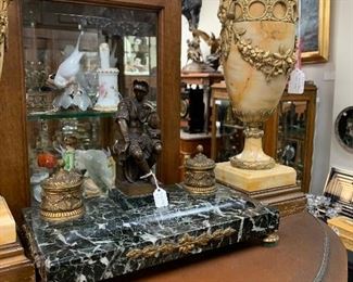 French Bronze & Marble Double Inkwell, Pair of Marble Lamps