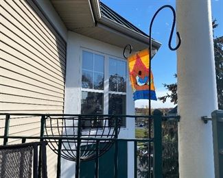 Double shepards hook and metal plant/flower holder basket.