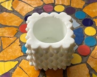 Vintage 2” white glass hobnail votive holder