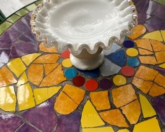 Fenton white & clear glass ribbon edge candle holder 3.5”