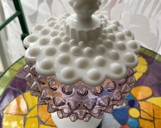 Purple and white milk hobnail glass covered candy dish.