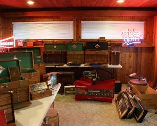 Beer signs, antique and vintage machinist tool boxes