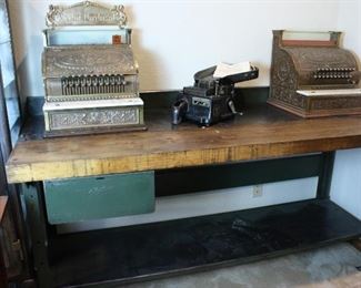Antique National Cash Registers, coin sorter, antique work table