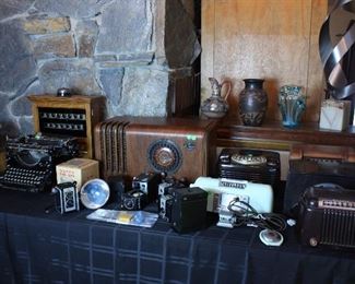 Antique radios, typewriter, cameras
