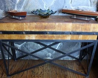 Antique butcher block table, Chris Craft model boats, glass bowl