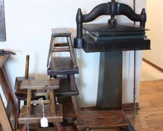 Antique oak joint stools, milk stool, antique book press