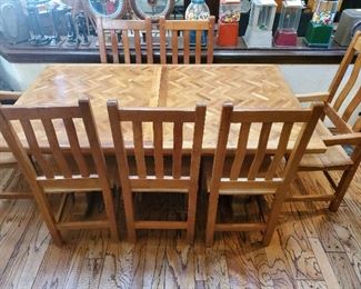 Custom rustic oak dining table with leaf and 8 chairs