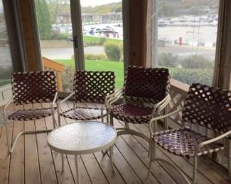 Six Patio Chairs - Webbing in Great Shape - Plus One of Two Matching Side Tables 