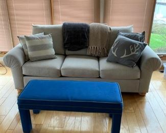 Great Upholstery on this Beautiful Couch - plus Blue Bench can be used as Table