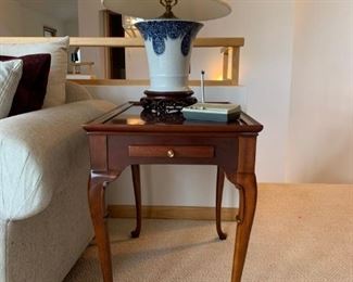 Cherry Side Table and One of Two Matching Lamps