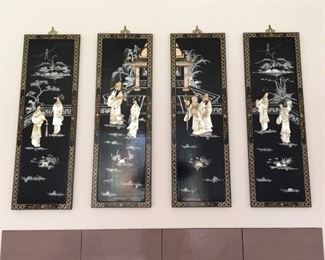 Wonderful Oriental Black Lacquer Wall Panels with Mother Of Pearl Geisha Girls Asian Art ( Set of 4 )