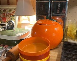 Vintage kitchen, orange cookie jar, canisters