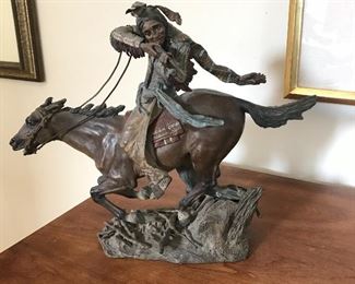 Carl Kauba (1865-1922) Native American on Horseback. Western Cold Painted Bronze 14 3/4"w x 11 3/4"h