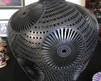 Pierced Blackware Pottery Jar w Floral and Geometric Design