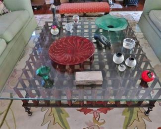 Collection of Glass Match Strikes, some w/ Sterling Silver Rims; Art Glass Bowls;  etc.  Coffee Table NOT for sale!  (sorry)