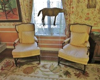 Important Horse Sculpture by Deborah Butterfield, listed; made of mud on plaster;  Antique Pair of Wingback Armchairs