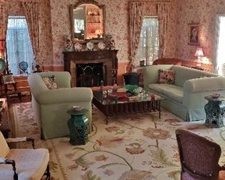 Large Room Size Needlepoint Rug;  Pair Down-Sofas; Pair, Chinese Pierce, Glazed Stools / Side Tables, etc.
