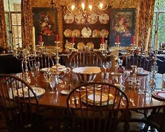 Large Oval Stickley Drop-Leaf Gate-Leg Dining Table w/ 8 Windsor Side Chairs and a Pair of Windsor Armchairs;  Sterling Candelabras; etc.