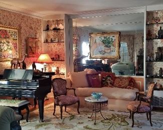 Cable Baby Grand Piano; Hollywood Regency Marble-Top "Jester" Side Table; Down Chaise; Pr, Louis XV-Style Fauteuils; Needlepoint Pillows by Barbara Rush