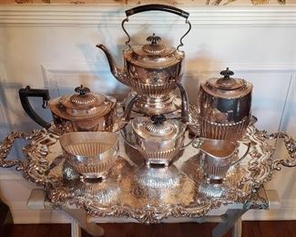 Gorgeous Vintage 6-piece Silver plate Tea Set plus heavy Silver plate  Footed Tray w/ Handles