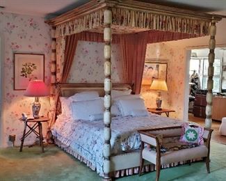 Huge Canopy Bed; Antique Hall Bench; Pair, Vintage Canton Lamps