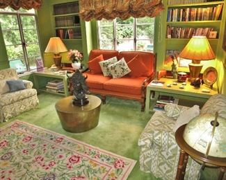 Needlepoint Rug (possibly by Barbara Rush); Provincial Loveseat; Pair of Upholstered Armchairs; Pair of Square Side Table; pair of Antique Brass Milk Pails Wired; Round Brass Coffee Table