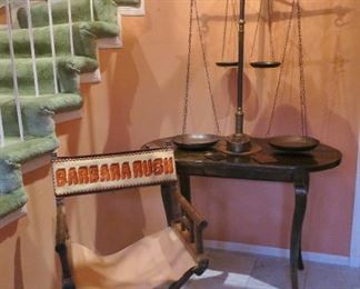 Large Antique Brass Scale SOLD to family member!  French Provincial-Style Hall Table; Ms. Rush's Director's Chair, needlepoint by her.