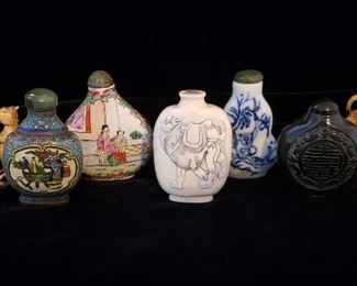 Collection of Antique Chinese Snuff Bottles: Spinach Jade, Porcelain, Cloisonne, Ivory  & Hardstone