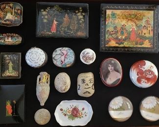 Lacquered Russian Boxes; Chinese Rust Food Dog Lidded Bowl; Limoges Pill/Ring Boxes; Victorian Style Paperweights, one which reads: "Barbara"