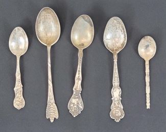 5 vintage and/or antique collectible Sterling spoons   The (2) pieces with doves on both sides of an "M" are - BAKER-MANCHESTER MFG CO - Providence, RI (and believed to be from the late 1800's or early 1900's  Another spoon is early 1900's University of Chicago.  All 5 are clearly marked sterling and range in size from 3.5" to 5.5"  weight 60+ grams